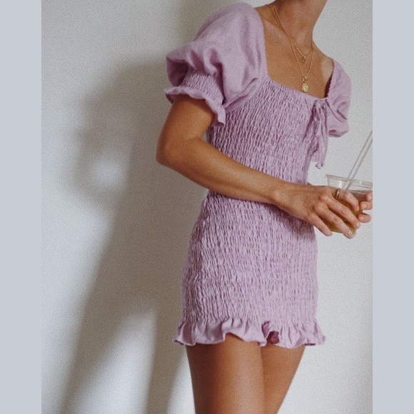 Faithfull the brand Annibelis Smocked linen Mini Dress purple - Picture 10 of 10